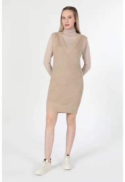 Rochie tricotata fara maneci - Maro camel