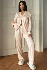 Set pijama dama din doua piese, cu nasturi – 2401821, Bej