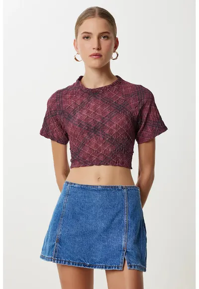 Tricou dama - Happiness Istanbul - scurt - mulat - imprimeu abstract - rosu burgundy - poliester-elastan