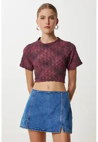Tricou dama - Happiness Istanbul - scurt - mulat - imprimeu abstract - rosu burgundy - poliester-elastan