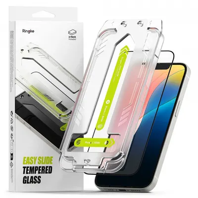 Folie de protectie Ecran Ringke Easy Slide pentru Apple iPhone 17e / 16e / 14 / 13 Pro, Sticla Securizata, Full Glue, Set 2 bucati, Neagra