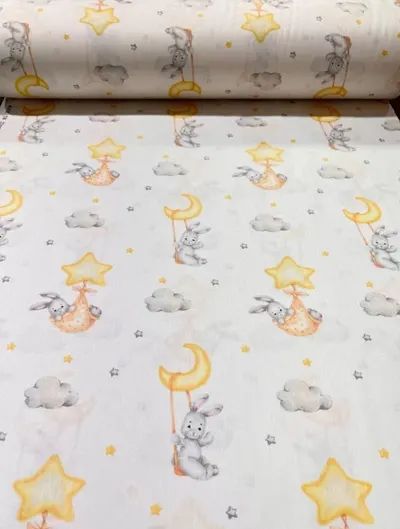 Cearsaf pentru pat copii Nichiduta Bunny with moon and stars 120x60 cm din bumbac cu banda elastica roata