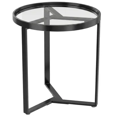 HOMCOM Măsuță laterală rotundă cu blat din sticlă securizată și structură metalică geometrică pentru spații mici, Negru | Aosom Romania