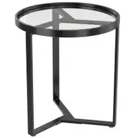 HOMCOM Măsuță laterală rotundă cu blat din sticlă securizată și structură metalică geometrică pentru spații mici, Negru | Aosom Romania