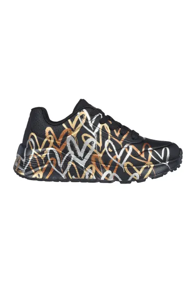 Pantofi sport de piele ecologica cu imprimeu cu inimi Street - Auriu/Negru/Argintiu