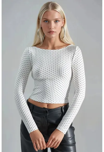 Bluza dama - crop - slim fit - alb-negru - viscoza-elastan