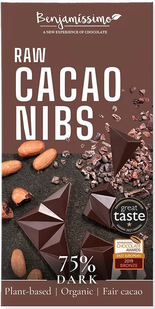 Ciocolată naturală organică cu boabe de cacao crude, 75% cacao, 60 g, Benjamissimo