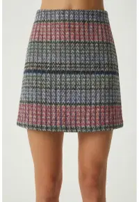 Fusta mini - Happiness Istanbul - carouri - talie inalta - multicolor