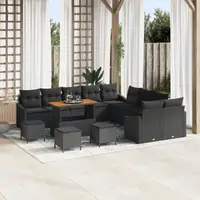Set canapea gradina Gossi 14 piese cu perne negru ratan polimeric acacia, set canapea gradina Gossi 2 locuri cu perne negru ratan polimeric, set dining gradina Gossi 4 piese cu perne negru ratan polimeric acacia