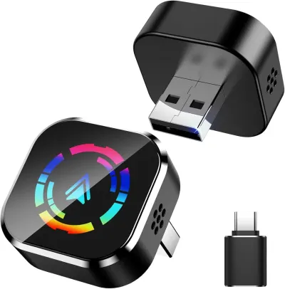 Adaptor Wireless Apple CarPlay & Android Auto 2-in-1 Techstar M17+, USB/USBC Plug & Play, Wi-Fi 5.8GHz + Bluetooth, Mini Compact, Conectare Automata, Sticla LED