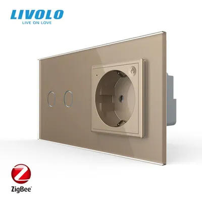 Intrerupator dublu cu touch Zigbee + priza Schuko Zigbee, generatia noua, cu rama sticla Auriu