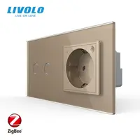 Intrerupator dublu cu touch Zigbee + priza Schuko Zigbee, generatia noua, cu rama sticla Auriu