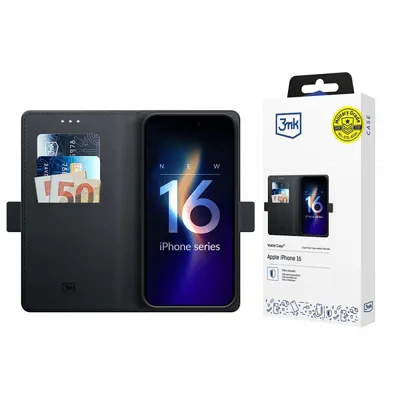 Husa pentru Apple iPhone 16, 3MK, Wallet, Neagra