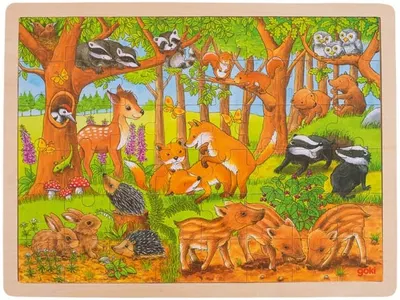 Puzzle din lemn Goki - Pui de animale, de padure