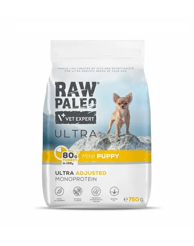 RAW PALEO Ultra Turkey Mini Puppy 750g hrana catei rasa mica, din curcan