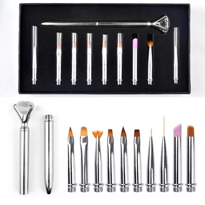 Pensule Unghii cu Rezerve, Set 10Buc cu Cristale, Tip Stilou, Silver