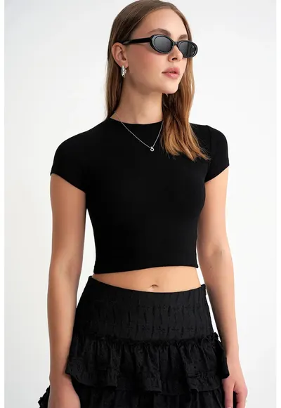 Tricou dama - tricou tricotat scurt - negru - jerseu