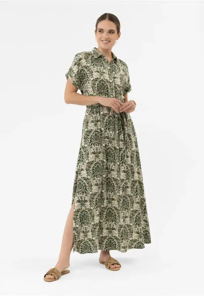 Rochie lunga de vara din viscoza cu model floral - cu guler - nasturi - maneci scurte - banda elastica cu curea in talie - G-Pari - verde - Verde