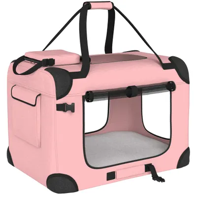 PawHut Cușcă de transport pliabilă pentru câini 60x41,5x41 cm cu ferestre din plasă pernă moale și 2 mânere pentru câini mini și pisici roz | Aosom Romania