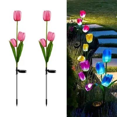 Set 2 Lampi Solare Decorative Tip Lalele Roz cu LED M374-23, 70cm, Lumina Eleganta, Design Elegant si Functionare Automata