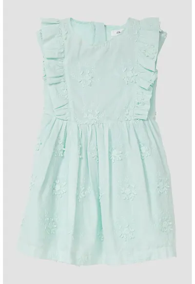 Rochie din bumbac cu broderie florala - Verde menta