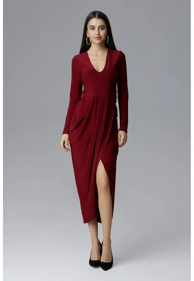 Rochie maxi M636 - decolteu in V - rosu - poliester