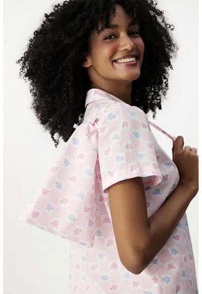 Pijama cu pantaloni scurti din bumbac si model floral - Roz deschis/Albastru deschis