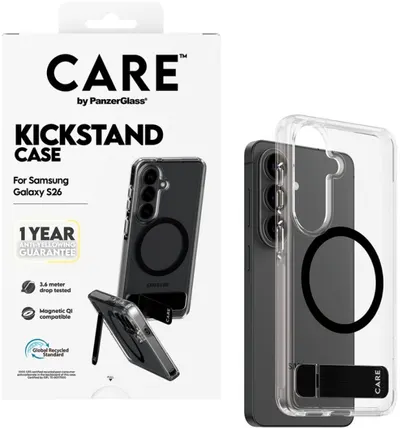 Husă CARE – Urban Explorer w. Black Kickstand, Galaxy S26, transparent