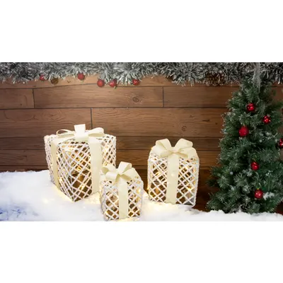 Set cutii, cadouri de Craciun,alb, auriu, cu baterii(X24030) Timer 6+18h,10LED, 3000K, 3x2xAA