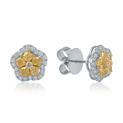 Cercei floare din aur alb-galben cu diamante galbene si incolore de 1.5ct