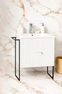 Set Baza front MDF si Lavoar seria 009, cadru metalic, cu sertare, 60 cm, alb