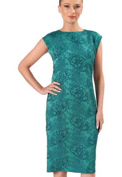 Rochie eleganta din brocart elastic cu motive florale - Turcoaz