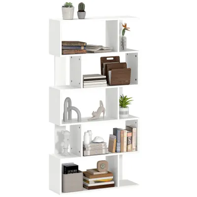 HOMCOM Bibliotecă Asimetrică în Formă de S cu 5 Niveluri și 10 Rafturi Deschise, 80x24x159 cm, Alb | Aosom Romania