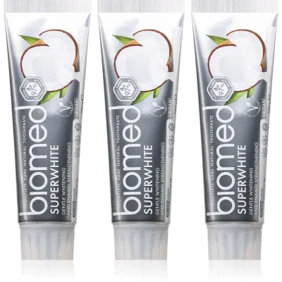 Biomed Superwhite pasta de dinti cu efect intaritor cu ulei de cocos 3x100 g