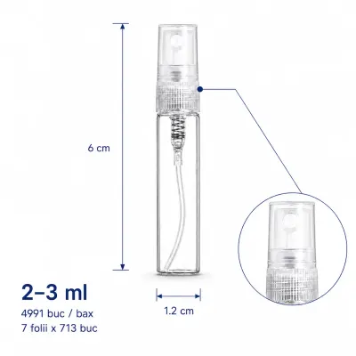 Sticluță transparentă reutilizabilă cu spray și capac - 2-3ml