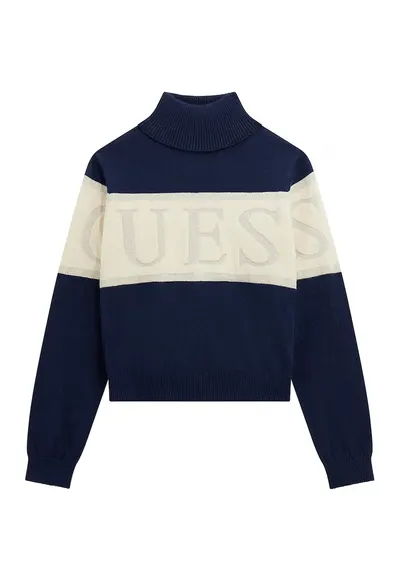 Pulover cu model logo si guler inalt - Crem/Bleumarin