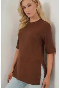 Tricou dama - Tricou Texturat cu Guler Rotund - Maro - Jerseu