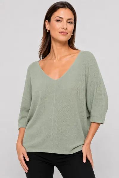 Bluza fin tricotata bob de orez, cu maneca fluture 3 4, kaki prafuit