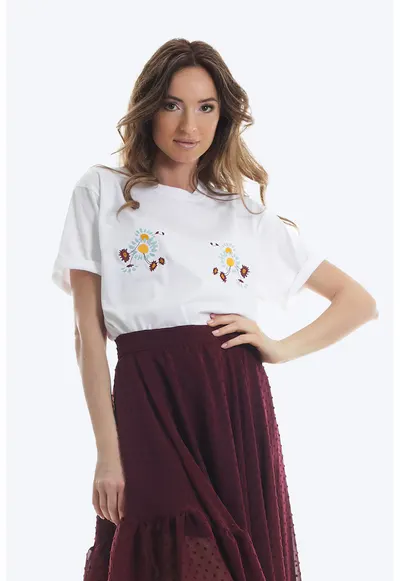 Tricou supradimensionat de bumbac cu detalii brodate - Alb