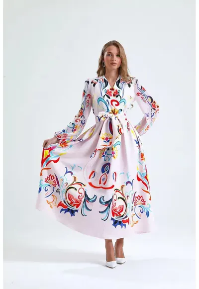 Rochie maxi - model floral - alb - cu maneca lunga - decolteu in V - cu cordon - poliester/lycra