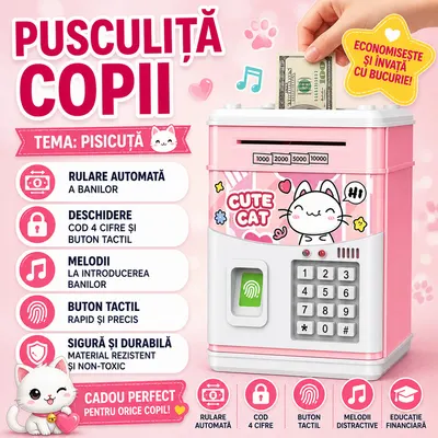 Pusculita pentru copii tip seif, Cod pin si amprenta, Muzica, Rulare automata a banilor, Cute Cat, Roz