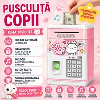 Pusculita pentru copii tip seif, Cod pin si amprenta, Muzica, Rulare automata a banilor, Cute Cat, Roz