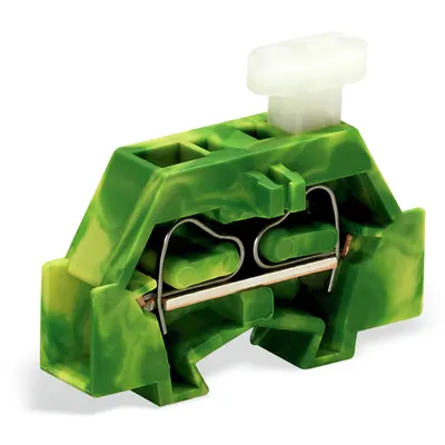 Space-saving, 2-conductor end terminal block; on one side with push-button; without protruding snap-in mounting foot; for terminal strips with snap-in mounting feet; 2.5 mm²; CAGE CLAMP®; 2,50 mm²; green-yellow