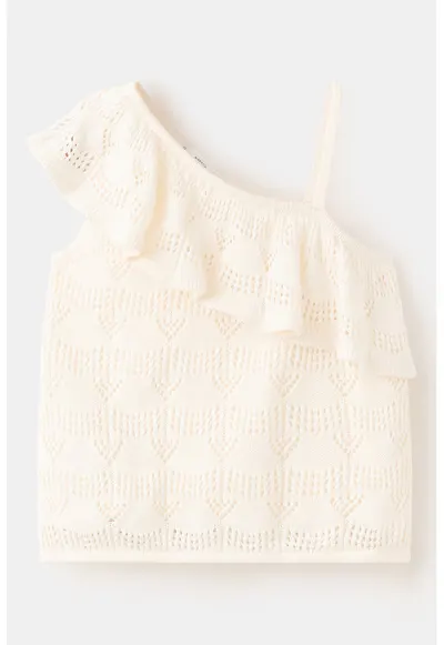Top crop cu perforatii si volane - Crem