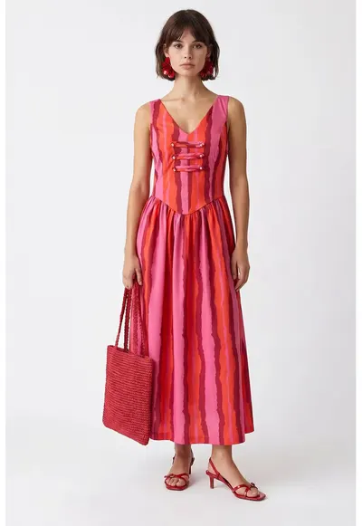Rochie Midi Femei Multicolor - Casual - Detalii cu snur - Poliester-Elastan