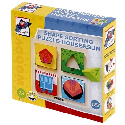 Puzzle din lemn Woody- Sortator, Casuta si soare