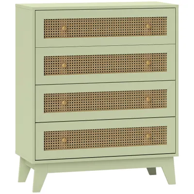 HOMCOM Comodă 4 sertare mobilier de depozitare cannage din ratan aspect lemn deschis 80 x 35 x 95 cm verde | Aosom Romania