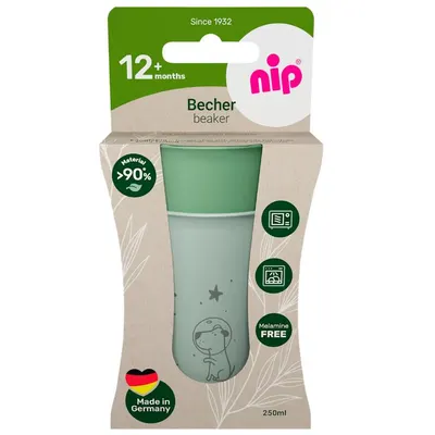 Set 2 pahare pentru copii cu motive gravate laser, din materiale naturale regenerabile, fara BPA, fara melamina, lavabile in masina de spalat vase, Made in Germany, 12+ luni, verde, nip