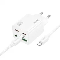 Incarcator Retea Cu Cablu Lightning HOCO N55, 20W, 3A, 2 x USB-A - 2 x USB-C, Alb
