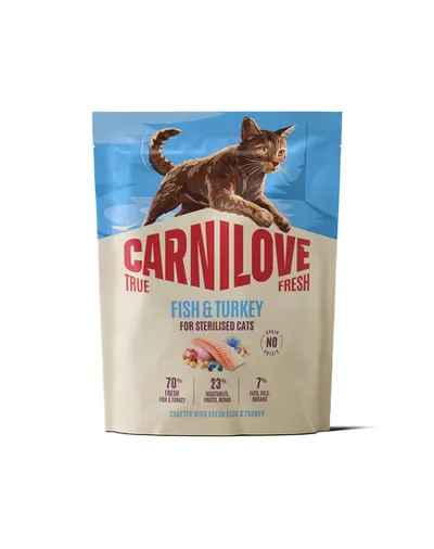 Hrană pentru pisici sterilizate CARNILOVE True Fresh Cat Fish and Turkey Sterilised 400 g cu pește și curcan